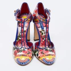 Pre Owned Dolce & Gabbana Multicolor Floral Print Patent Leather Embellished T-Strap Pumps Size 36.5