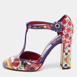 Pre Owned Dolce & Gabbana Multicolor Floral Print Patent Leather Embellished T-Strap Pumps Size 36.5