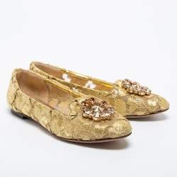 Pre Owned Dolce & Gabbana Gold Lace Taormina Crystal Embellished Ballet Flats Size 40