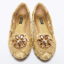 Pre Owned Dolce & Gabbana Gold Lace Taormina Crystal Embellished Ballet Flats Size 40