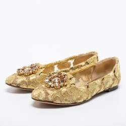 Pre Owned Dolce & Gabbana Gold Lace Taormina Crystal Embellished Ballet Flats Size 40
