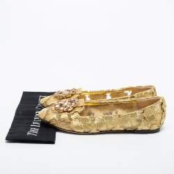 Pre Owned Dolce & Gabbana Gold Lace Taormina Crystal Embellished Ballet Flats Size 40