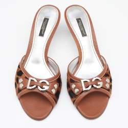 Pre Owned Dolce & Gabbana Brown Leather and Leopard Print Calf Hair Logo Slide Sandals Size 37.5