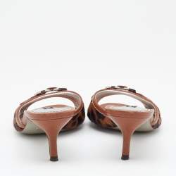 Pre Owned Dolce & Gabbana Brown Leather and Leopard Print Calf Hair Logo Slide Sandals Size 37.5