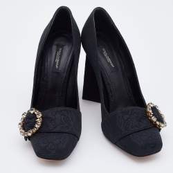 Pre Owned Dolce & Gabbana Black Jacquard Embellished Block Heel Pumps Size 38.5