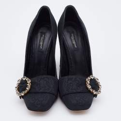 Pre Owned Dolce & Gabbana Black Jacquard Embellished Block Heel Pumps Size 38.5
