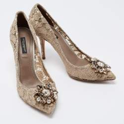 Pre Owned Dolce & Gabbana Beige Lace Bellucci Crystal Embellished Pumps Size 38.5
