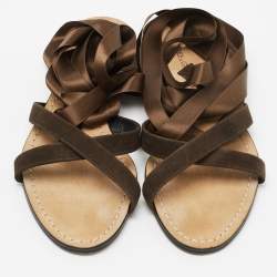 Pre Owned Dolce & Gabbana Brown Suede and Satin Ankle Wrap Flat Sandals Size 37