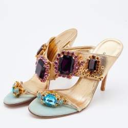 Pre Owned Dolce & Gabbana Metallic Gold Leather Embellished Slide Sandals Size 38