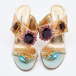 Pre Owned Dolce & Gabbana Metallic Gold Leather Embellished Slide Sandals Size 38