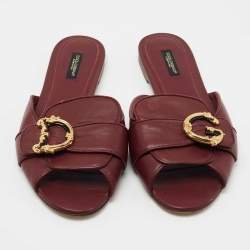 Pre Owned Dolce & Gabbana Burgundy Leather Slide Sandals Size 39