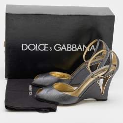 Pre Owned Dolce & Gabbana Metallic Grey Leather Ankle Strap Peep Toe Wedge Sandals Size 39