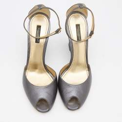 Pre Owned Dolce & Gabbana Metallic Grey Leather Ankle Strap Peep Toe Wedge Sandals Size 39