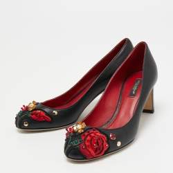 Pre Owned Dolce & Gabbana Black Leather Crystal Embellished and Embroidered Applique Pumps Size 36.5