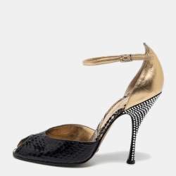 Pre Owned Dolce & Gabbana Black/Gold Python and Leather Crystal Embellished Heel Ankle Strap Sandals Size 39