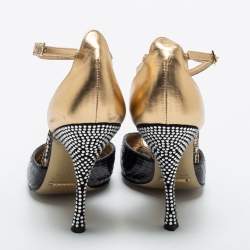 Pre Owned Dolce & Gabbana Black/Gold Python and Leather Crystal Embellished Heel Ankle Strap Sandals Size 39
