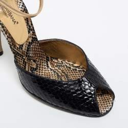 Pre Owned Dolce & Gabbana Black/Gold Python and Leather Crystal Embellished Heel Ankle Strap Sandals Size 39