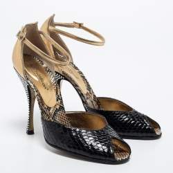 Pre Owned Dolce & Gabbana Black/Gold Python and Leather Crystal Embellished Heel Ankle Strap Sandals Size 39