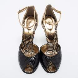 Pre Owned Dolce & Gabbana Black/Gold Python and Leather Crystal Embellished Heel Ankle Strap Sandals Size 39