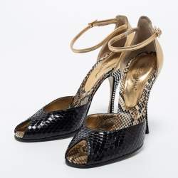 Pre Owned Dolce & Gabbana Black/Gold Python and Leather Crystal Embellished Heel Ankle Strap Sandals Size 39
