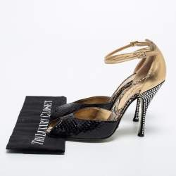 Pre Owned Dolce & Gabbana Black/Gold Python and Leather Crystal Embellished Heel Ankle Strap Sandals Size 39