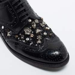 Dolce & Gabbana Black Brogue Leather Studded Embellished Lace Oxfords Size 36.5