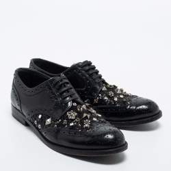Dolce & Gabbana Black Brogue Leather Studded Embellished Lace Oxfords Size 36.5