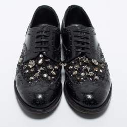 Dolce & Gabbana Black Brogue Leather Studded Embellished Lace Oxfords Size 36.5