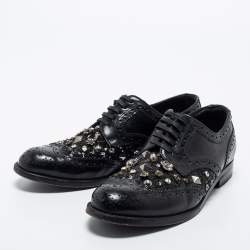 Dolce & Gabbana Black Brogue Leather Studded Embellished Lace Oxfords Size 36.5