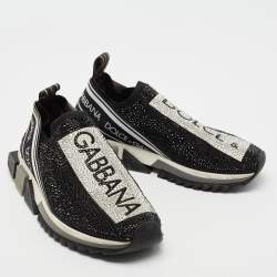 Pre Owned Dolce & Gabbana Black/Silver Crystal Embellished Knit Fabric Sorrento Sneakers Size 38