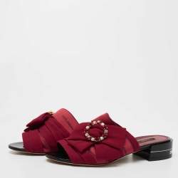 Pre Owned Dolce & Gabbana Burgundy Fabric Crystal Embellished Bow Slide Sandals Size 39.5