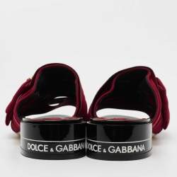 Pre Owned Dolce & Gabbana Burgundy Fabric Crystal Embellished Bow Slide Sandals Size 39.5