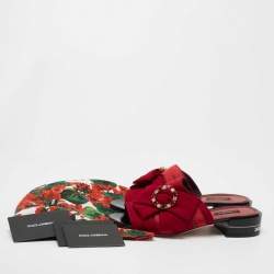 Pre Owned Dolce & Gabbana Burgundy Fabric Crystal Embellished Bow Slide Sandals Size 39.5