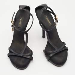 Pre Owned Dolce and Gabbana Black Leather Heritage Coin Detail Ankle Strap Sandals Size 37