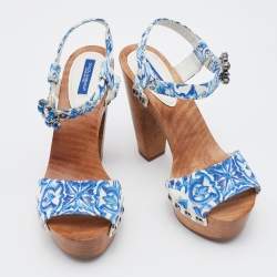 Pre Owned Dolce & Gabbana Blue/White Floral Print Jacquard Platform Ankle Strap Sandals Size 37.5