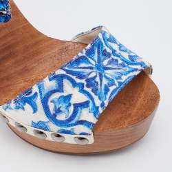 Pre Owned Dolce & Gabbana Blue/White Floral Print Jacquard Platform Ankle Strap Sandals Size 37.5
