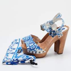 Pre Owned Dolce & Gabbana Blue/White Floral Print Jacquard Platform Ankle Strap Sandals Size 37.5