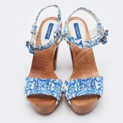 Pre Owned Dolce & Gabbana Blue/White Floral Print Jacquard Platform Ankle Strap Sandals Size 37.5
