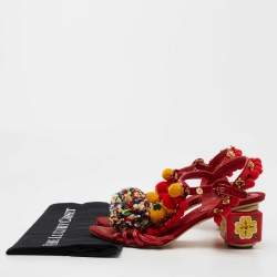 Pre Owned Dolce & Gabbana Multicolor Leather and Fabric Pom Pom Embellished T-Strap Sandals Size 39