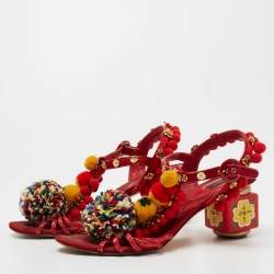 Pre Owned Dolce & Gabbana Multicolor Leather and Fabric Pom Pom Embellished T-Strap Sandals Size 39
