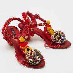 Pre Owned Dolce & Gabbana Multicolor Leather and Fabric Pom Pom Embellished T-Strap Sandals Size 39