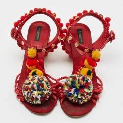 Pre Owned Dolce & Gabbana Multicolor Leather and Fabric Pom Pom Embellished T-Strap Sandals Size 39