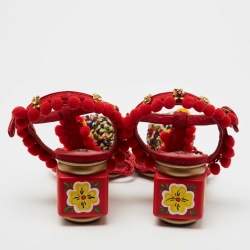 Pre Owned Dolce & Gabbana Multicolor Leather and Fabric Pom Pom Embellished T-Strap Sandals Size 39