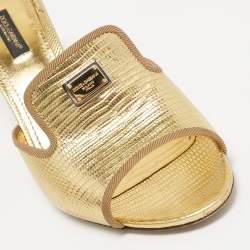 Pre Owned Dolce & Gabbana Gold Lizard Embossed Leather Slide Sandals Size 38