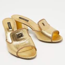 Pre Owned Dolce & Gabbana Gold Lizard Embossed Leather Slide Sandals Size 38
