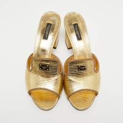 Pre Owned Dolce & Gabbana Gold Lizard Embossed Leather Slide Sandals Size 38