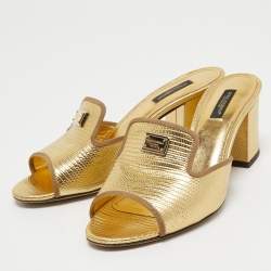 Pre Owned Dolce & Gabbana Gold Lizard Embossed Leather Slide Sandals Size 38