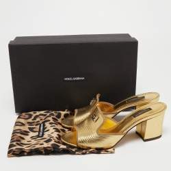 Pre Owned Dolce & Gabbana Gold Lizard Embossed Leather Slide Sandals Size 38