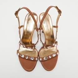 Pre Owned Dolce & Gabbana Brown Leather Crystal Embellished Ankle Strap Sandals Size 39