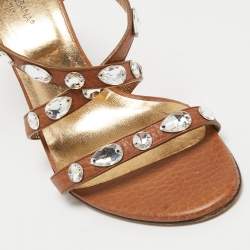 Pre Owned Dolce & Gabbana Brown Leather Crystal Embellished Ankle Strap Sandals Size 39